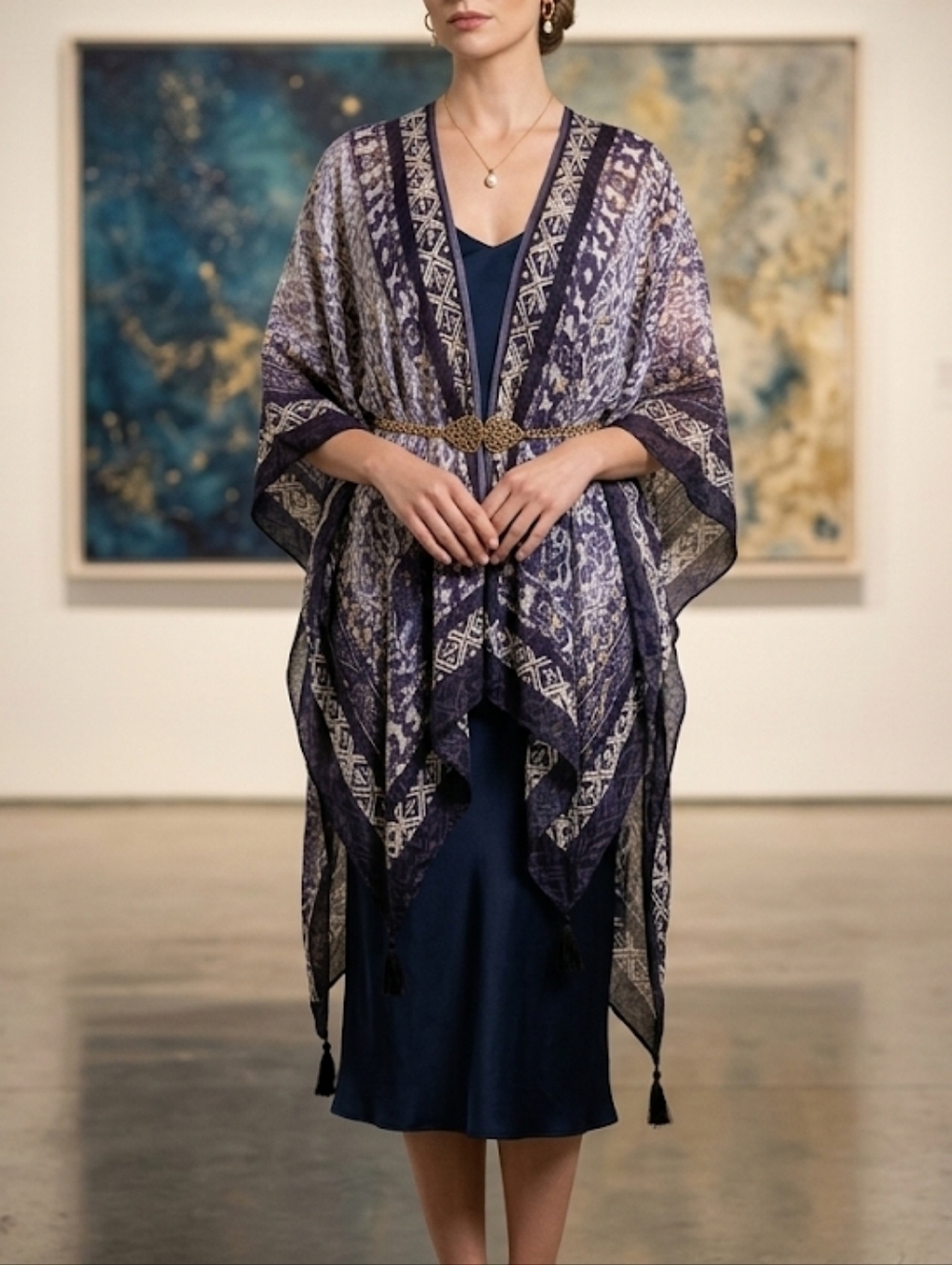 Vince Camuto Navy & White Bohemian Tassel Kimono